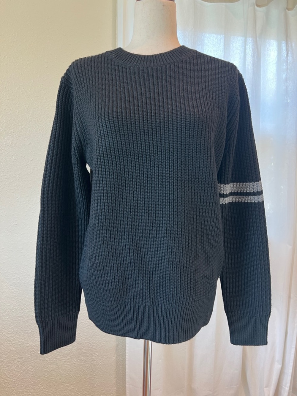 LABEL Crewneck Ribbed Merino Wool Sweater in Black with Sleeve Stripe. S. NWT